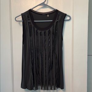 Gray Sleeveless Top with Sequin Stripes. 100% silk.